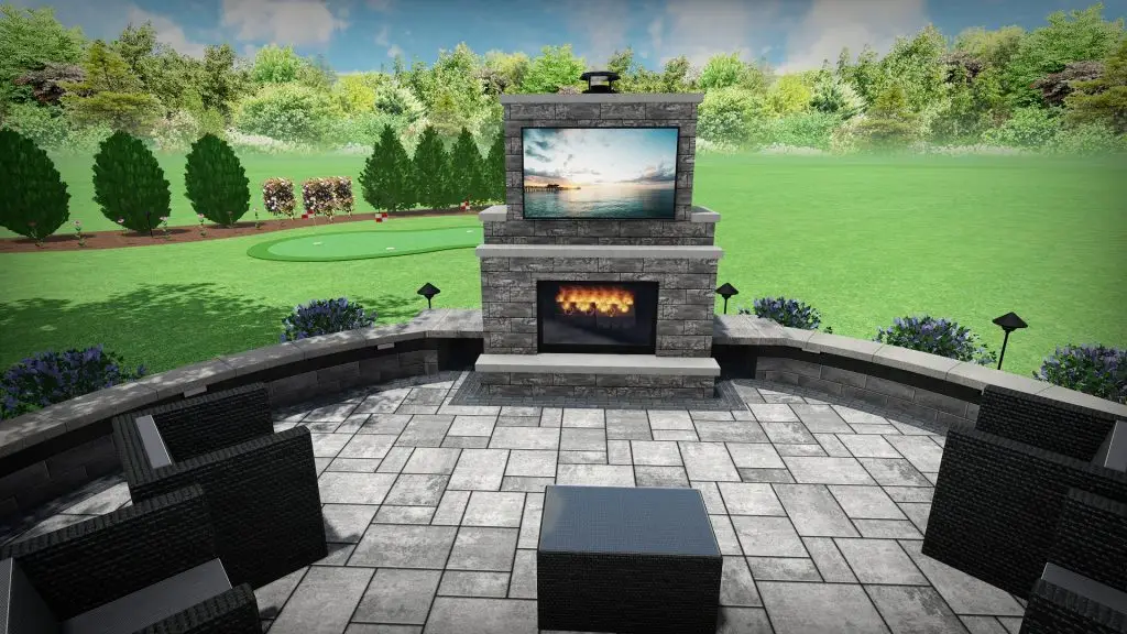 Luxury backyard design featuring a custom stone fireplace and curved seating area by Liban Landscape.