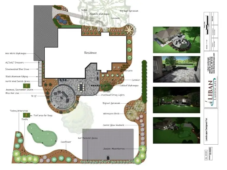 Comprehensive landscape design plan by Liban Landscape featuring outdoor entertainment areas, fire feature, dining patio, and backyard putting green.