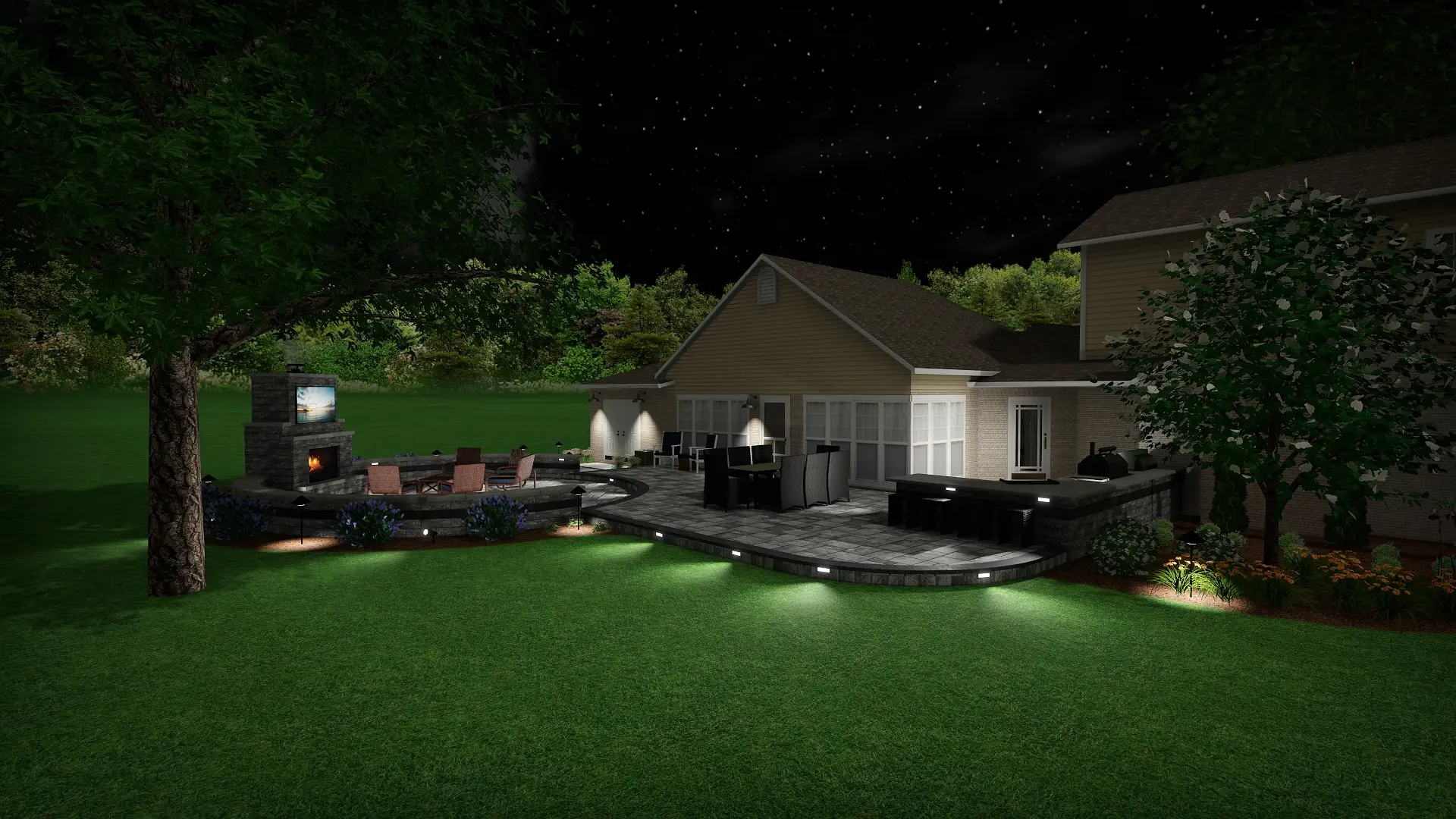 Nighttime view of a custom backyard by Liban Landscape featuring a stone fireplace, built-in lighting, and a spacious outdoor dining patio.
